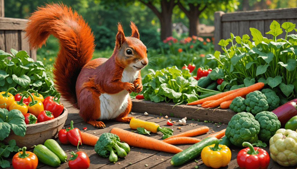 A red squirrel is surrounded by a variety of vegetables, including carrots, peppers, and broccoli, on a wooden table in a garden. Curiously exploring its surroundings, it wonders if the assortment rivals the taste of dog food squirrels occasionally nibble on.