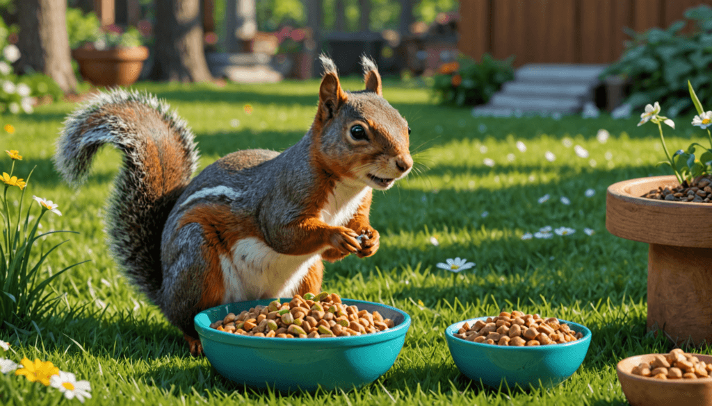 A squirrel stands on grass in a garden, paws on a bowl full of dog food, with another bowl nearby. Flowers and a wooden structure are in the background, making one wonder: do squirrels eat dog food as well?.