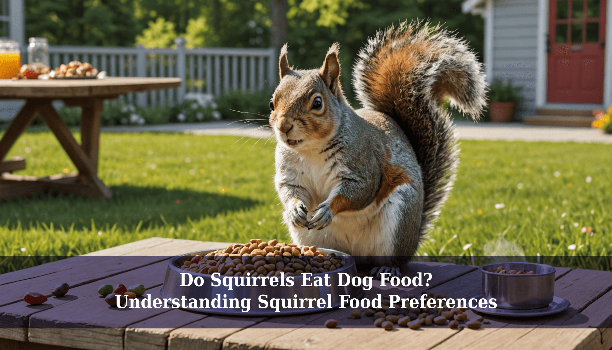 A curious squirrel is feasting on dog food from a bowl perched on a table in the backyard, with the house and trees offering a serene backdrop. Who knew do squirrels eat dog food?.