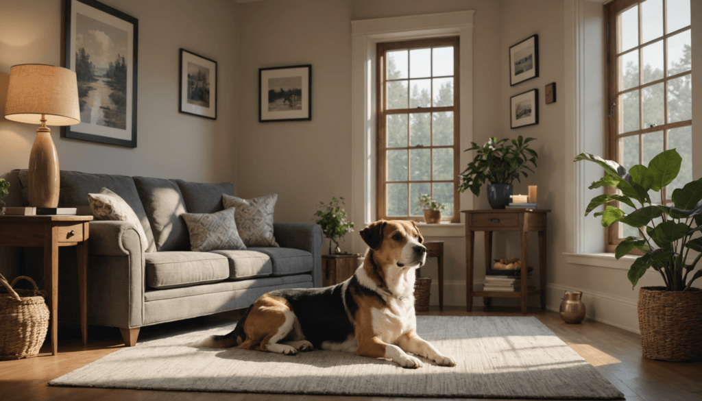 A dog sits on a rug in a sunlit living room with a gray sofa, potted plants, framed art, and large windows, creating a peaceful ambiance that's perfect for pondering how to stop my male dog from trying to mate.