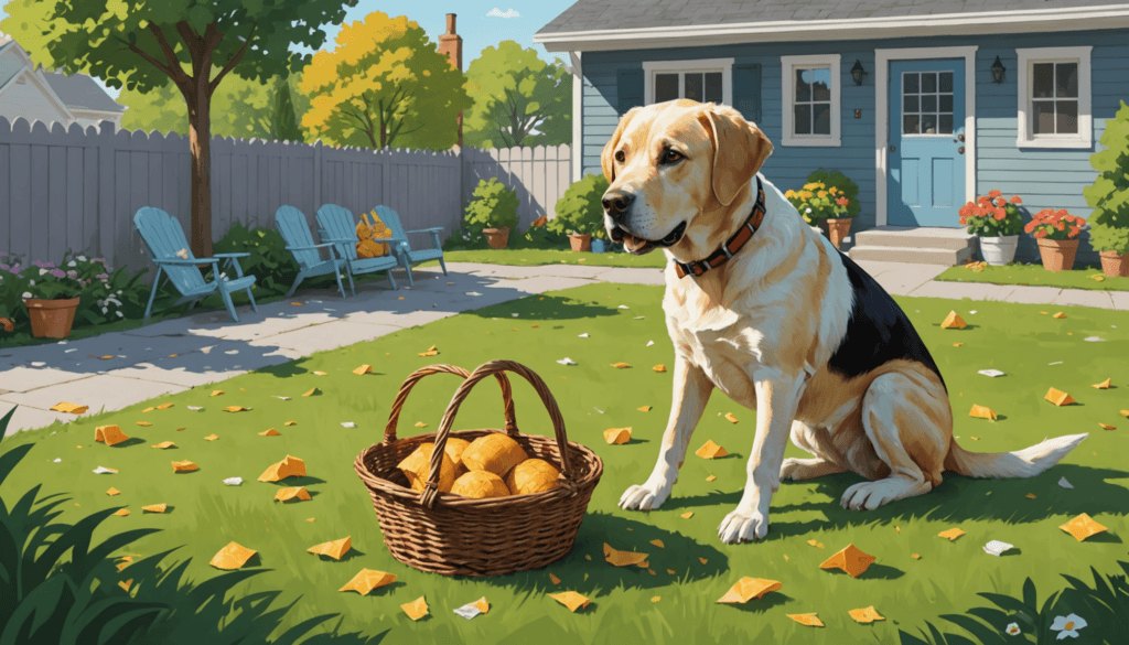 A dog sits peacefully on a grassy lawn beside a wicker basket filled with bread rolls, resisting the urge to snack. Yellow leaves are scattered around. In the background, chairs line a pathway leading to a blue house adorned with flowers.