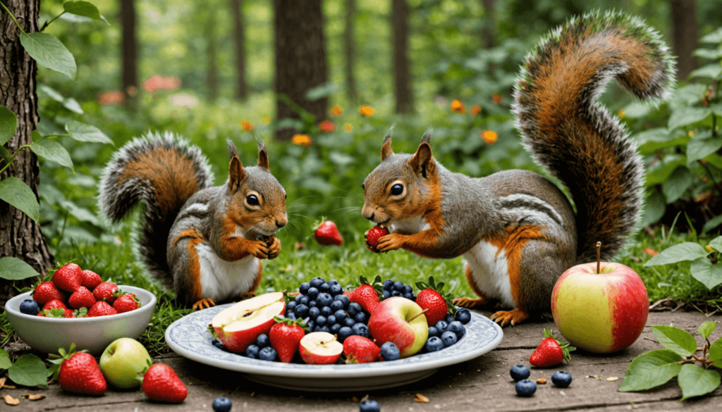 Amidst a lush green forest, two squirrels feast on a platter of berries and fruit, surrounded by apples and strawberries. Curiously enough, they seem more interested in their natural bounty than wondering if squirrels eat dog food.