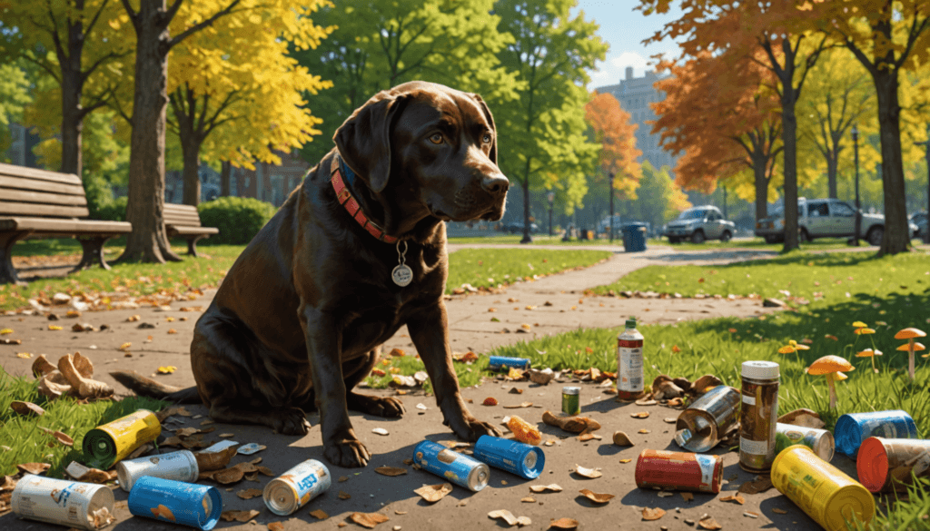 A brown dog with a collar sits obediently on a park path, surrounded by scattered cans and autumn leaves. As the trees display vibrant foliage, it's easy to wonder how to stop my dog from eating everything in sight.