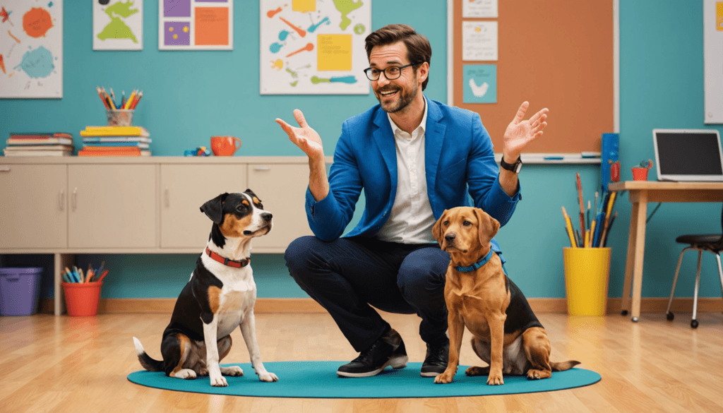 A smiling man in a blue jacket kneels on a mat between two dogs in a colorful classroom, perhaps pondering how to stop his dog from eating everything.
