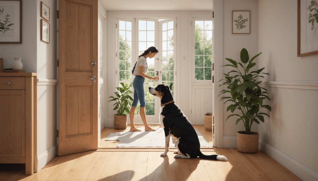A person stands in a sunlit room with a large window, holding a cup, pondering how to stop their male dog from trying to mate. A black and white pup sits nearby. Potted plants flourish by the window as two framed pictures ornament the walls.