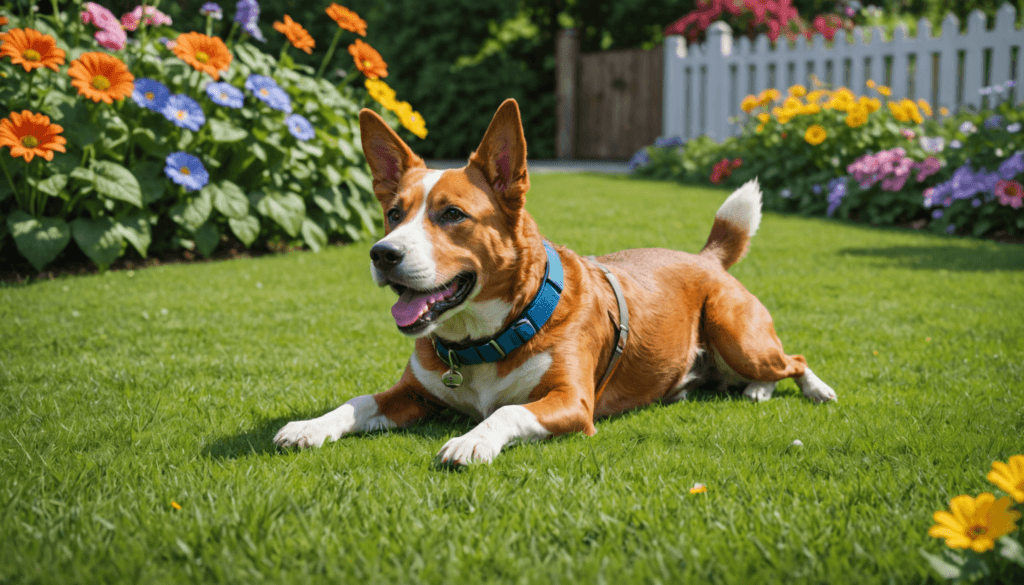 A brown and white dog with a blue collar lies on green grass, surrounded by colorful flowers in a garden, perhaps practicing how to play dead amidst the vibrant blooms.