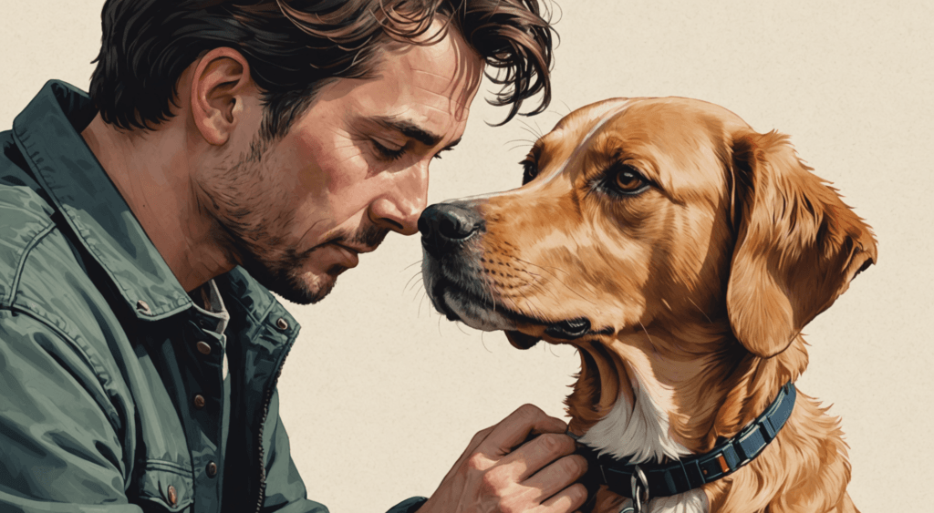 A man gently holds a dog's collar, their eyes meeting in silent understanding. The orange and white mixed breed seems content. With short brown hair and a beard, the man's presence is calming against the plain backdrop—a testament that compassionate handling fosters trust.