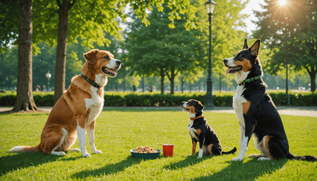 Three dogs of varying sizes sit in a park on lush green grass, facing each other around a bowl of food and a red cup. Trees and sunlight fill the background as if capturing the moment they share tips on how to stop my dog from eating everything in sight.