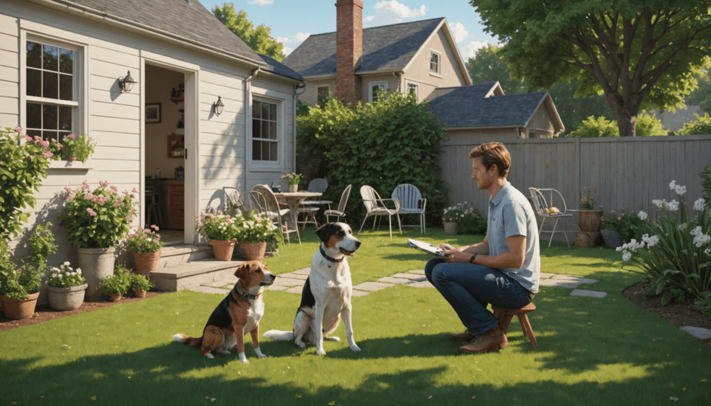 In a serene backyard, a man sits on a stool with a clipboard, likely pondering how to stop his male dog from trying to mate. Two dogs sit attentively before him on the grass, surrounded by patio furniture and lush plants.