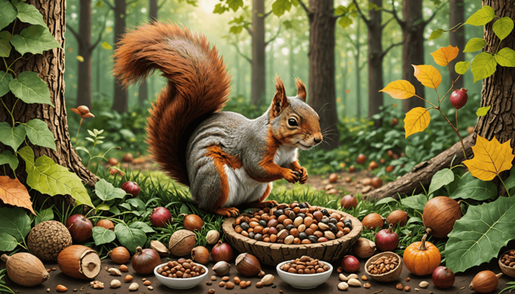 A squirrel with a bushy tail stands by a bowl filled with acorns and nuts in a forest, surrounded by foliage and scattered fruits on the ground. Curiously, this little creature seems more interested in discovering if any of the hidden treats resemble dog food.