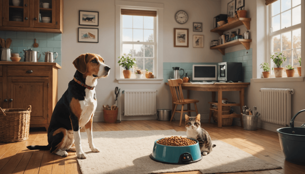 A dog and cat sit near a large bowl of pet food on a kitchen floor, pondering whether dogs can eat cat food. The room features wooden cabinets, a table with a computer, and plants on the windowsill.