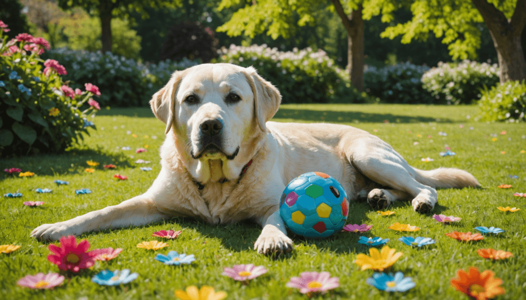 A Labrador retriever lies on the grass next to a colorful ball, surrounded by scattered flowers in a sunny garden, mastering the art of relaxation, much like learning how to teach a dog to play dead with ease and charm.