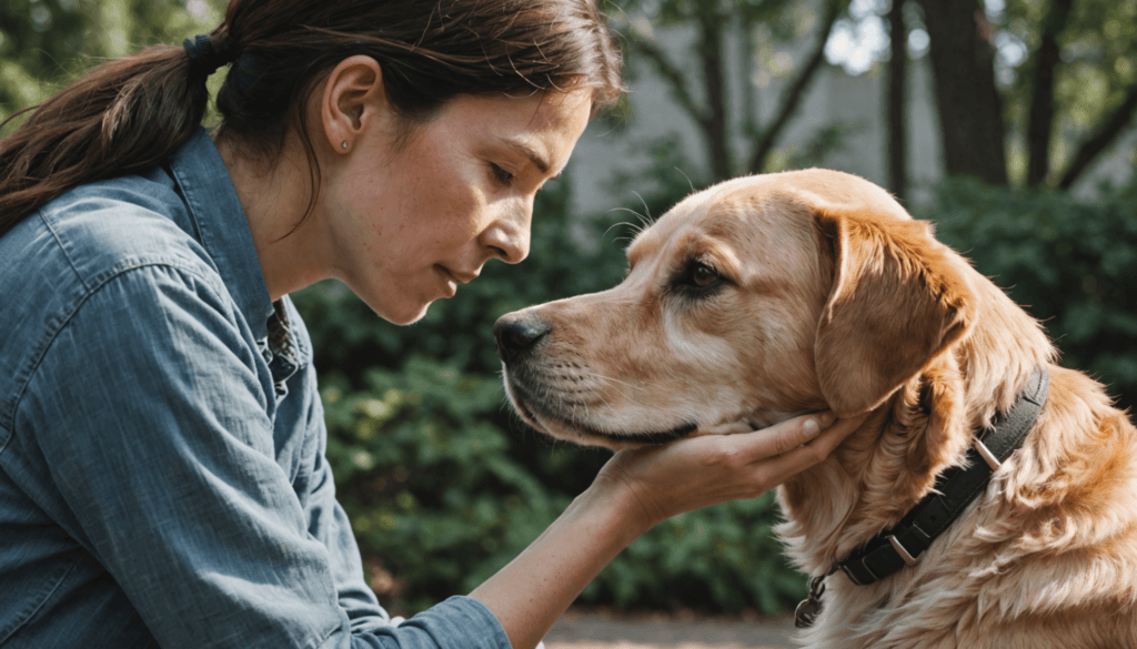 In a peaceful, wooded area, a woman in a denim shirt lovingly holds the face of her Labrador Retriever, embodying the essence of kindness and bond between human and canine.