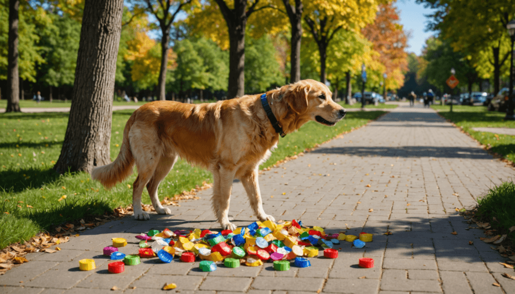 A golden retriever stands on a paved path surrounded by colorful toy blocks, as if pondering how to stop its doggy instincts from wanting to chew on everything, with trees lining the walkway in the background.