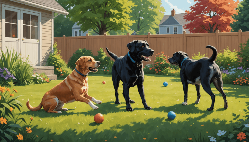 Three dogs frolic with balls on a grassy lawn enclosed by a wooden fence, vibrant trees, and a cozy house—creating an idyllic scene that helps one forget concerns like how to stop my male dog from trying to mate.