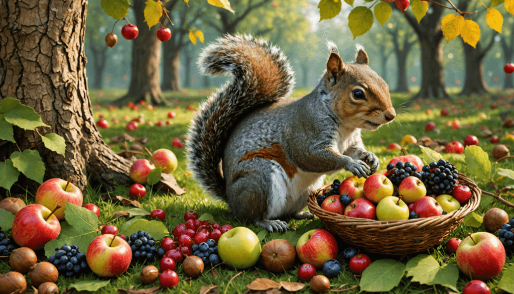 A squirrel sits on grass surrounded by apples, berries, and nuts, contemplating whether to sample the basket of fruit in the serene forest setting. Although tempted by dog food sometimes found near picnics, this little creature prefers the natural bounty around.