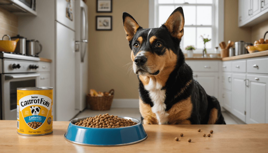 Can Dogs Eat Cats featuring A curious dog sits at a table with a bowl of kibble and a can labeled 