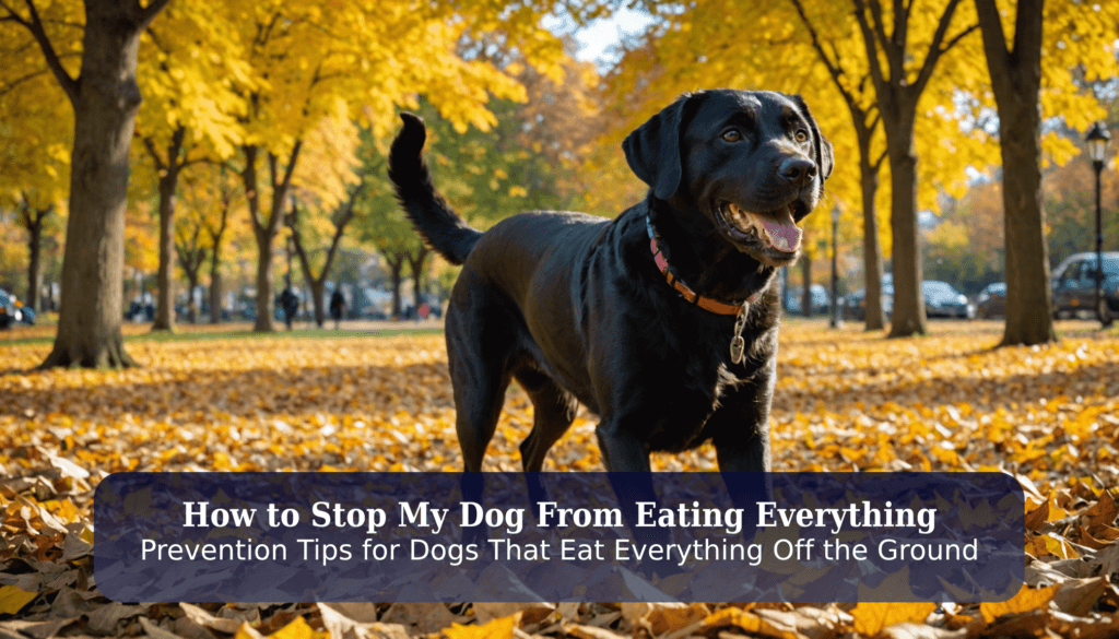 A black dog frolics in a park sprinkled with autumn leaves, as a text overlay offers tips on how to stop your dog from eating everything.