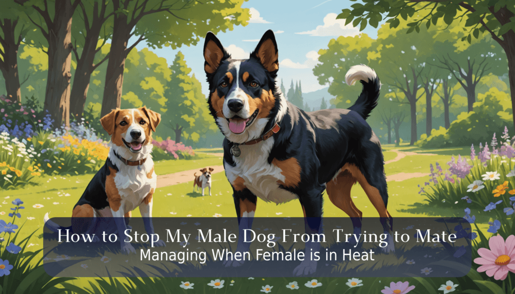 Two dogs stand on a grassy path in a park filled with trees and flowers, illustrating the challenge of managing canine behavior. With insights on how to stop your male dog from trying to mate, this scene captures the essence of responsible pet care amidst nature's beauty.