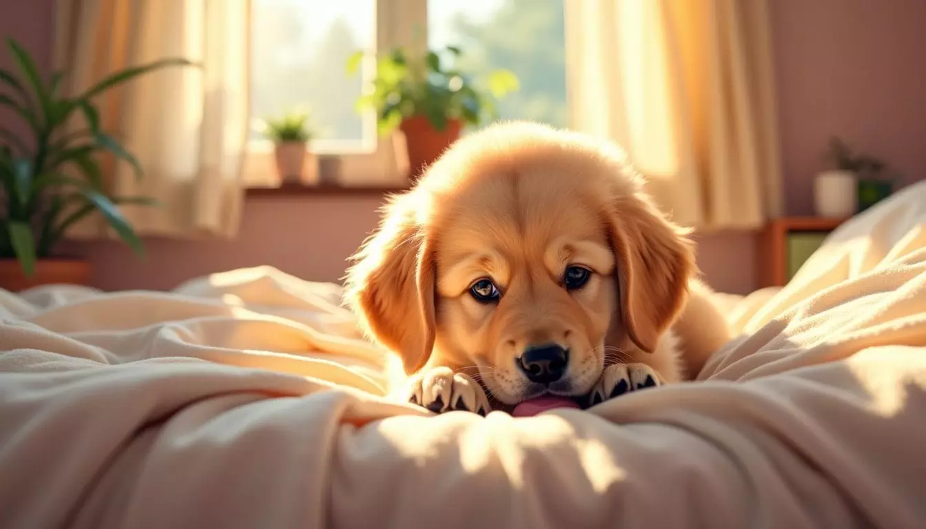 A fluffy golden retriever puppy licking its bed in a cozy bedroom.