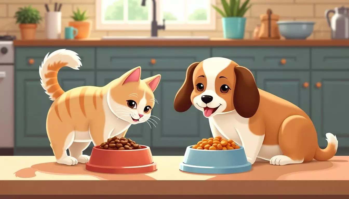 A cat and dog are eating from separate food bowls in a cozy kitchen.