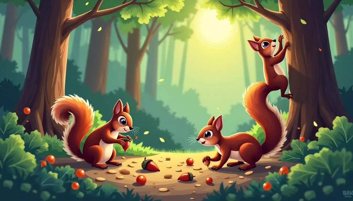 Two squirrels in a forest, one nibbling on an acorn, the other climbing a tree.