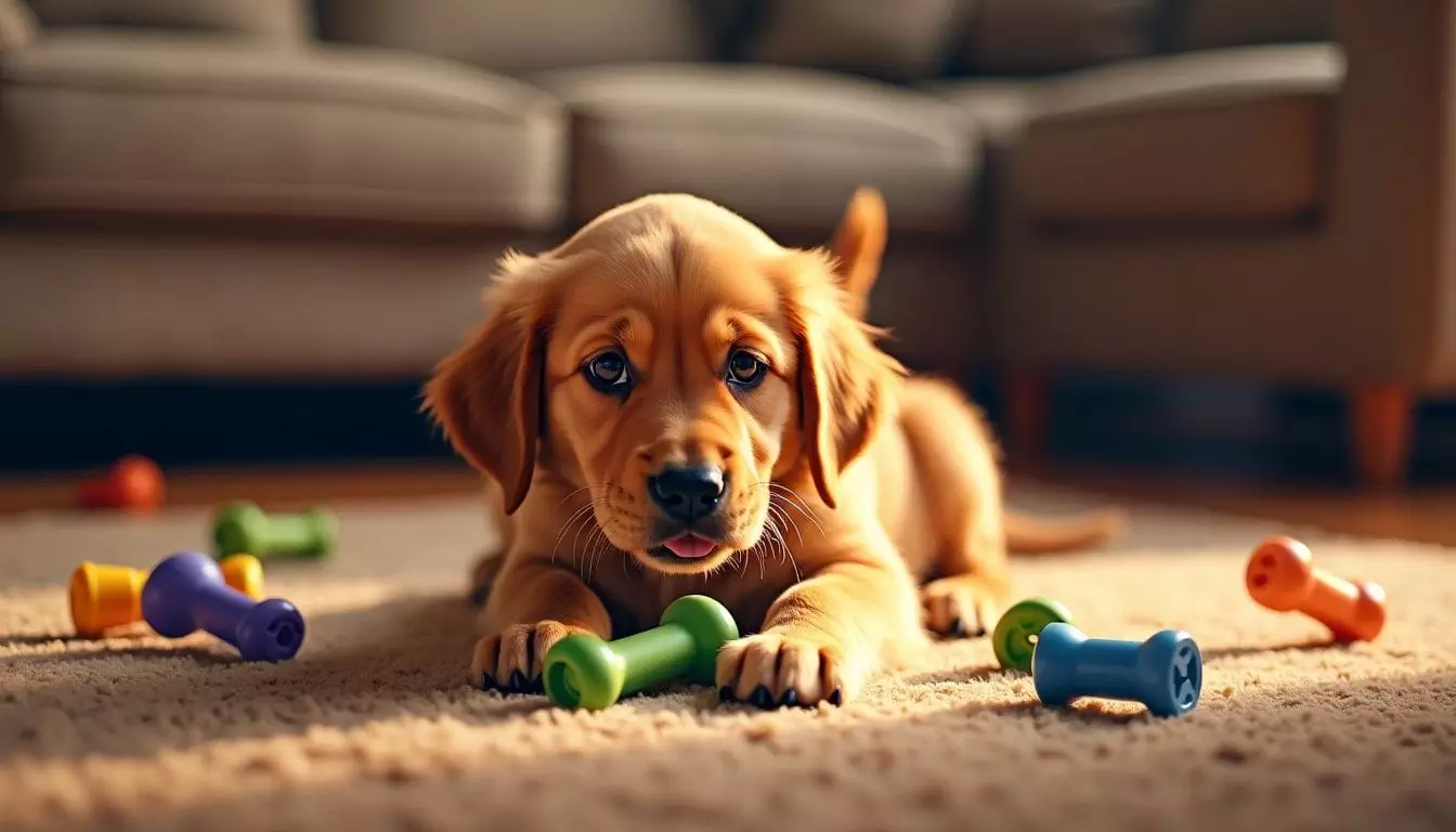 A golden retriever puppy nervously chews on a worn carpet.