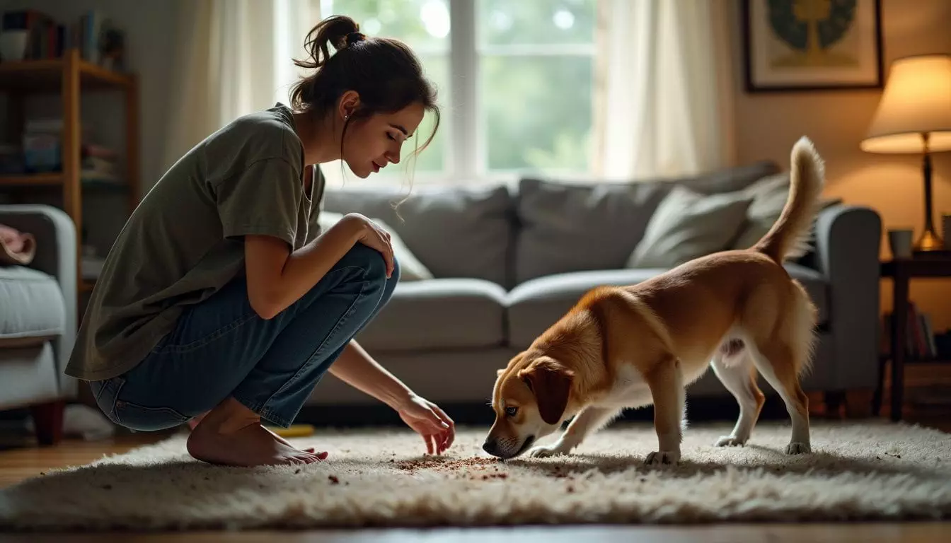 A woman watches her dog licking a worn section of carpet.