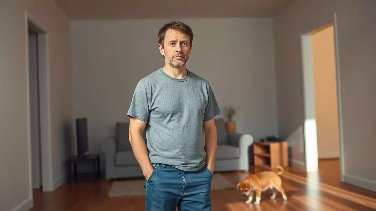 A puzzled man watches his dog scratching the floor in a living room.