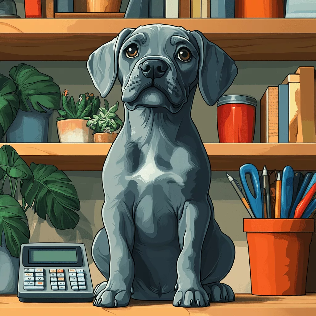 Playful Great Dane puppy with budgeting tools in flat design style.