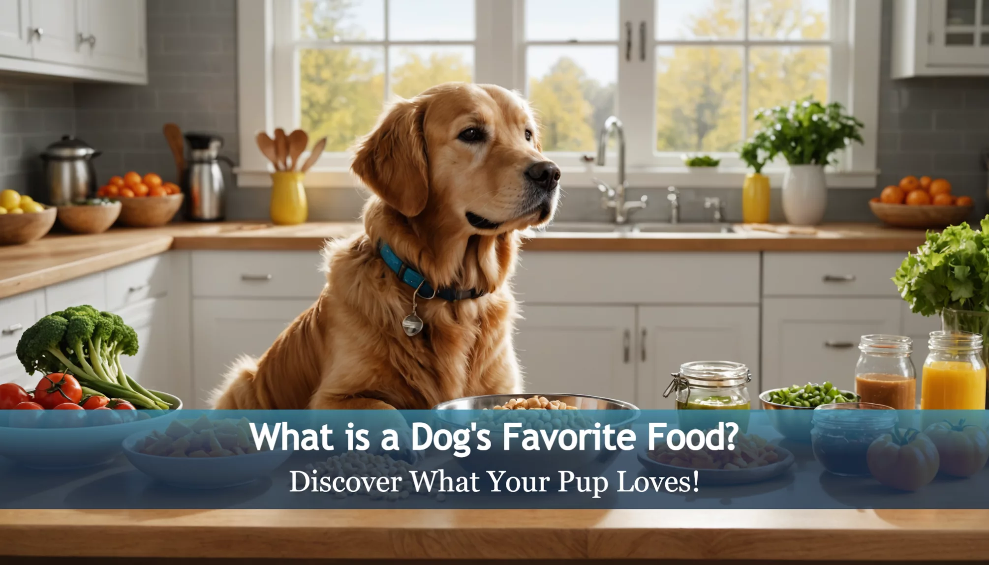 A golden retriever sits charmingly on a kitchen counter, surrounded by colorful vegetables and jars. The text playfully asks, 