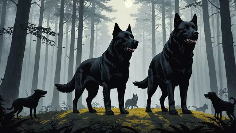 Two large, imposing black dogs stand on a grassy mound in a misty forest, their presence almost eerie. Smaller dogs roam in the background under a pale sky, adding to the unsettling scene.