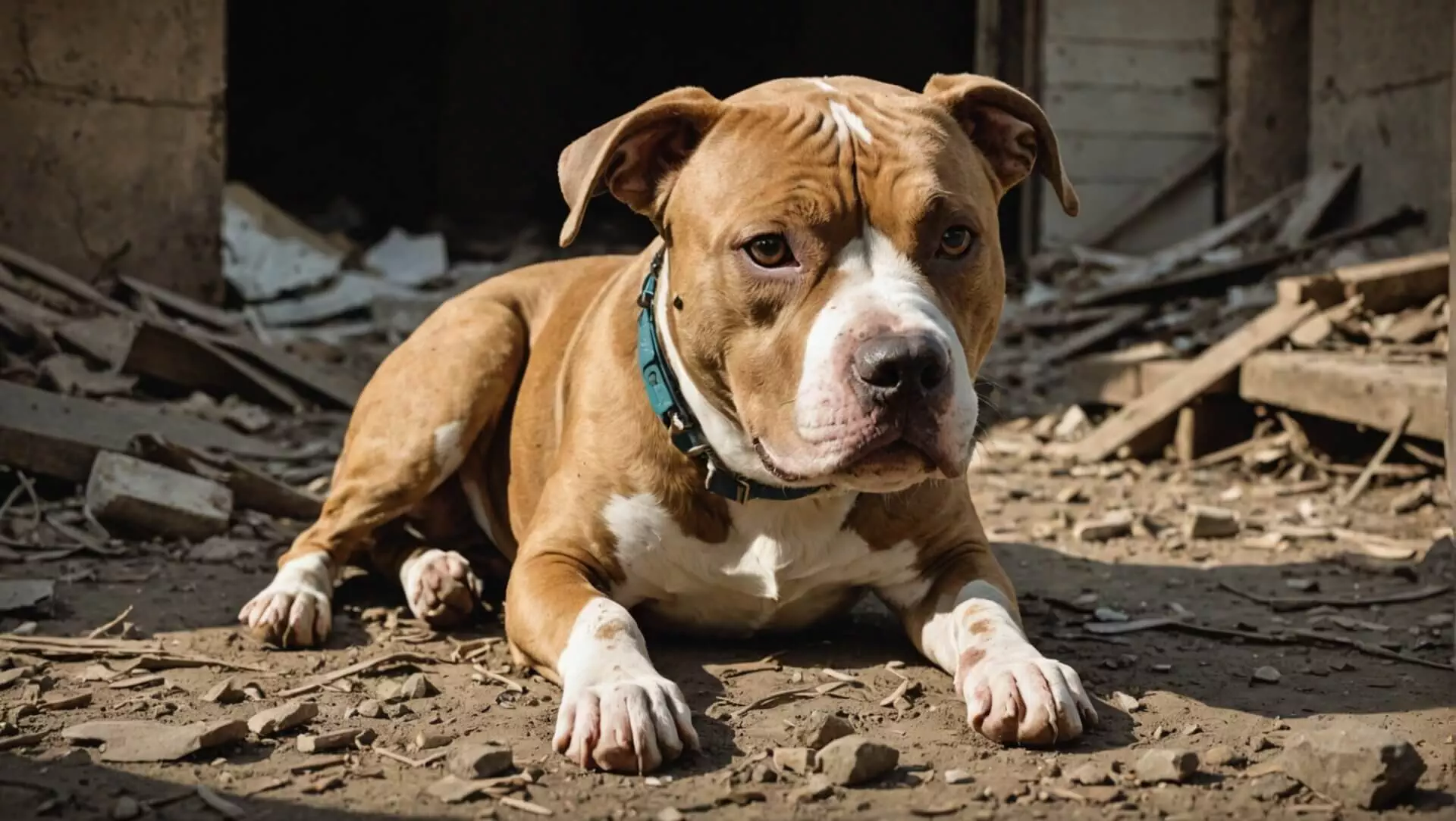 A brown and white dog lies on a dirt floor surrounded by debris in a dimly lit area, embodying the somber existence often associated with the misunderstood term 