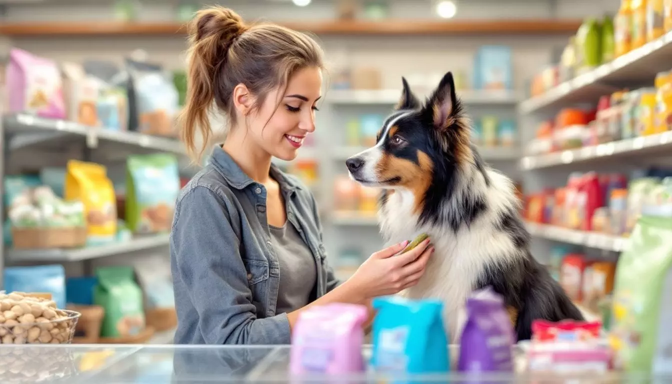 A woman compares dog food in a pet store for her Australian Shepherd.