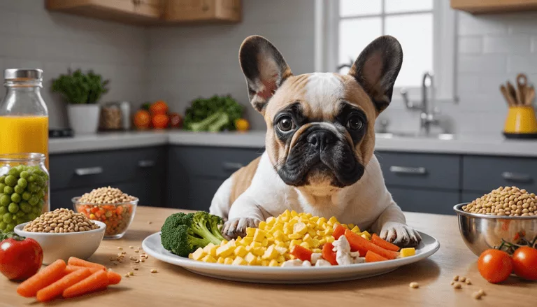 A French bulldog sits at a kitchen counter with a plate of vegetables, including carrots, broccoli, and corn. Surrounding the dog are bowls of peas, lentils, and a bottle of orange juice.