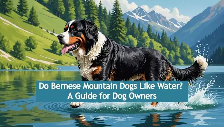 Bernese Mountain Dog exploring a lake with majestic mountains behind, alongside text: 