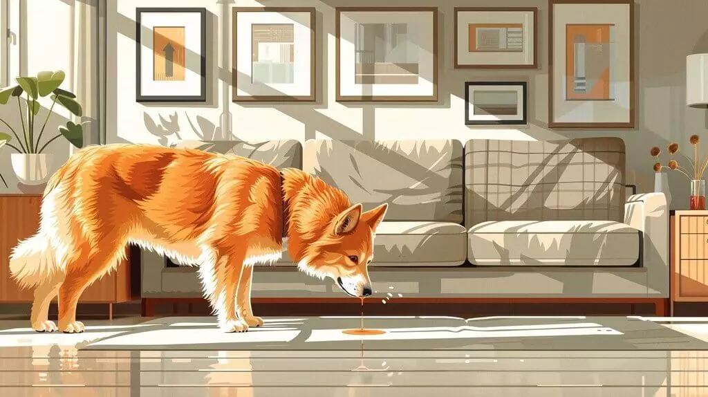 A fluffy orange dog drinks water from a bowl on a sunlit living room floor, surrounded by modern furniture and framed art on the walls. Contrary to peculiar myths like 