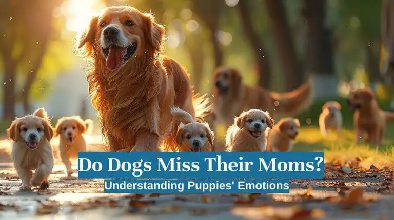 Golden retriever family joyfully running on a sunlit path, surrounded by autumn leaves. Text overlay asks, 
