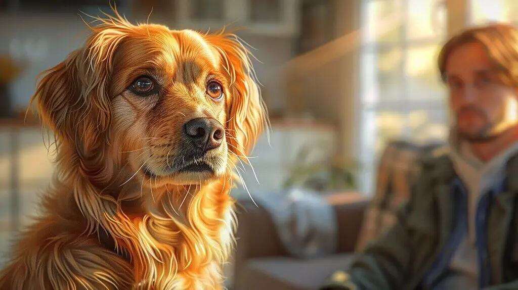 A golden retriever sits indoors with soft lighting, gazing ahead, perhaps pondering a curiosity about canine habits. In the background, a person is blurred on a couch.