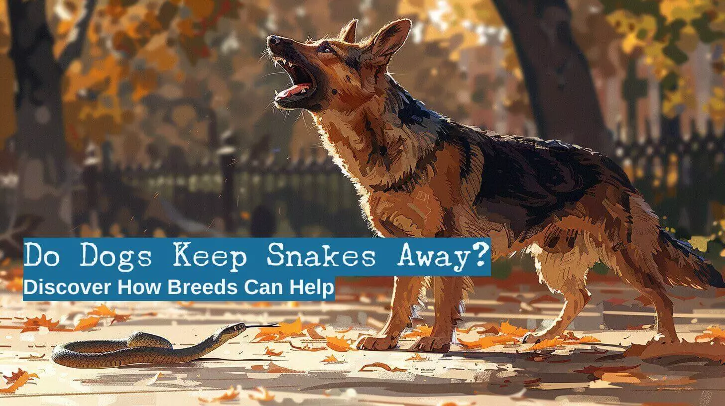 A dog stands alert, facing a snake on a leaf-covered ground, prompting the question: do dogs keep snakes away? The text mentions how certain breeds may help.