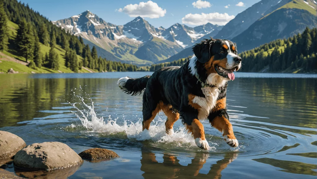 A Bernese Mountain Dog, proving that yes, indeed they do like water, joyfully splashes in a mountain lake surrounded by green pine trees and snowy peaks under a clear blue sky.