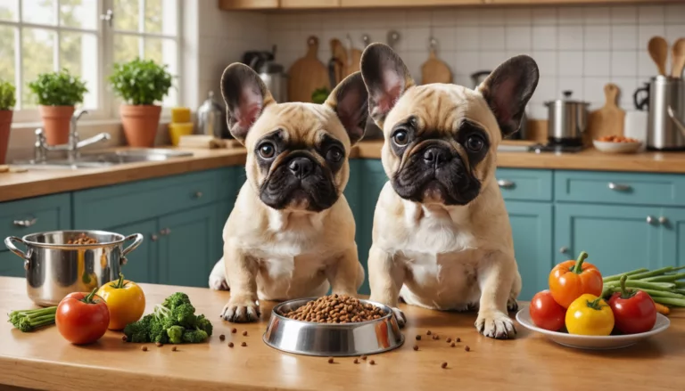 Two French Bulldogs sit on a kitchen counter with vegetables and a bowl of kibble. The kitchen features turquoise cabinets and a window with a view of greenery.