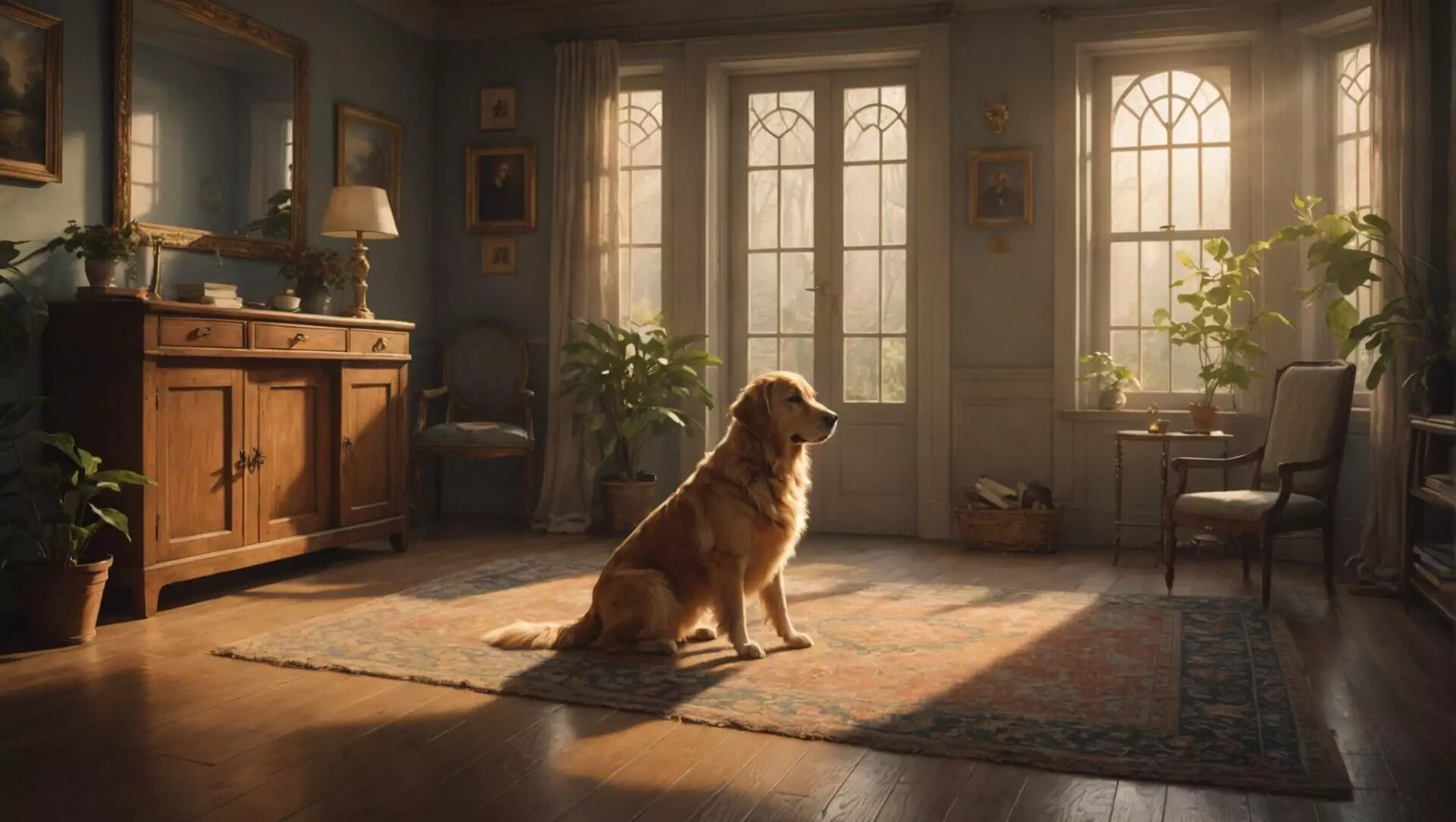 A golden retriever sits on a patterned rug in a sunlit room with large windows, surrounded by furniture, plants, and framed pictures. One wonders if dogs can see passed loved ones as the retriever gazes thoughtfully into the light.