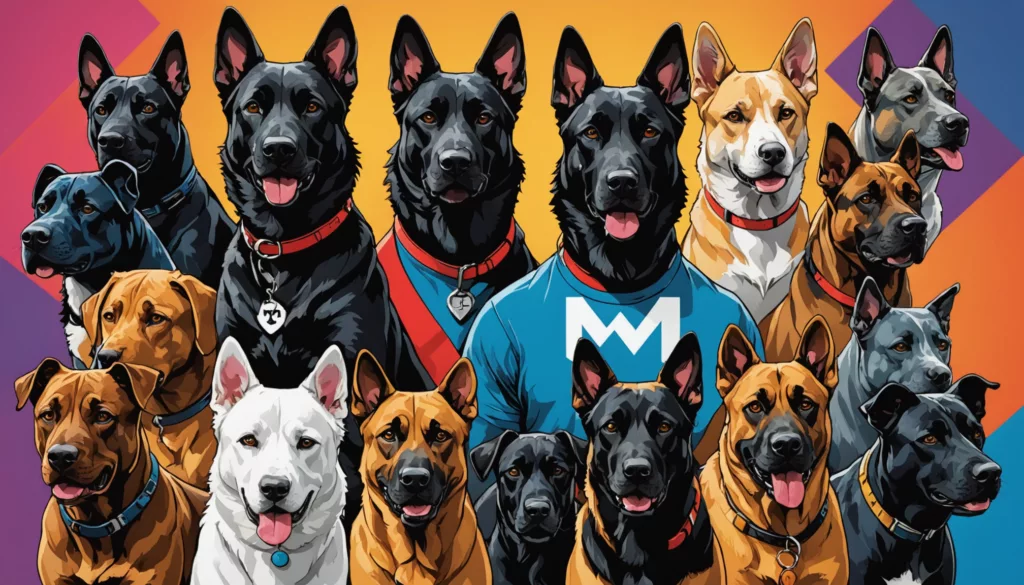 A group of cartoon dogs with various fur colors and collars are arranged in rows against a colorful geometric background.