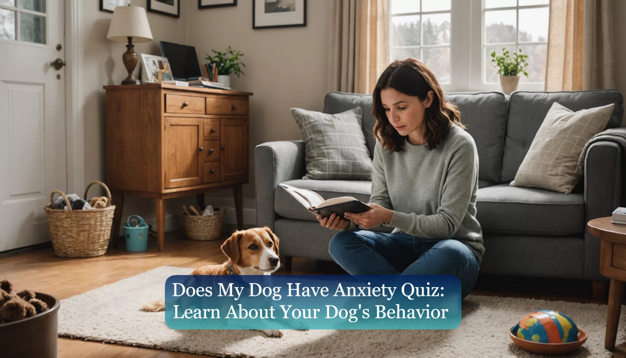 A woman sits on a rug in a cozy living room, reading a book with her relaxed dog lying beside her. The text reads: 