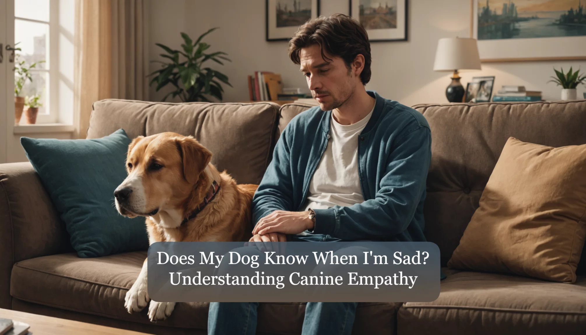 A man sits on a couch next to a dog, looking thoughtful. The text poses the question: 