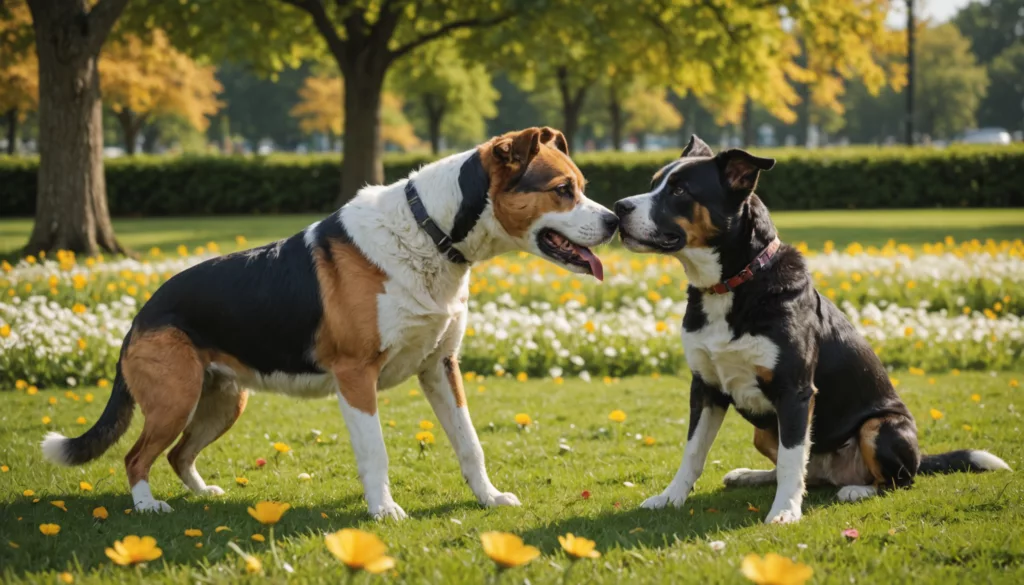 Dog Cobbing Other Dog Two dogs interacting on a grassy field with yellow flowers, surrounded by trees.