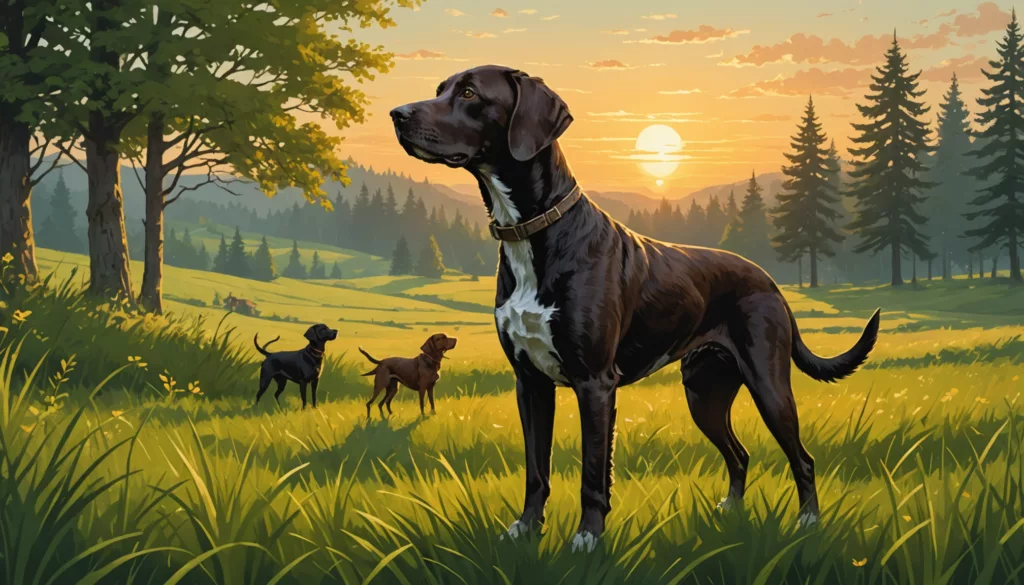 A brown dog, perhaps dreaming of catchy hunting dog names, stands in a grassy field at sunset. Two other dogs playfully roam in the distance as trees line the horizon under a partly cloudy sky.