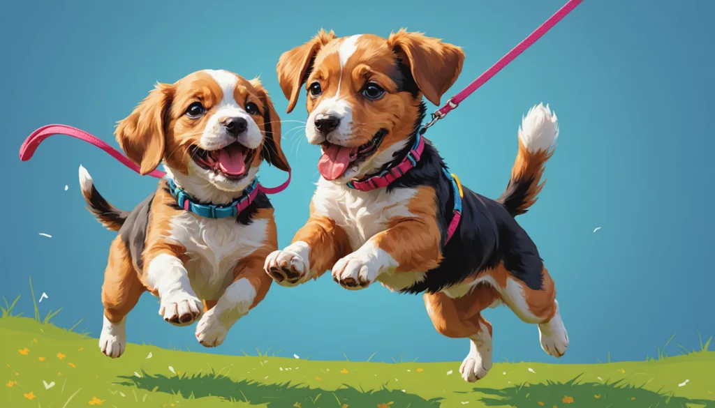 Two playful puppies with leashes jump joyfully on green grass under a clear blue sky, one cheekily biting its leash as they frolic.