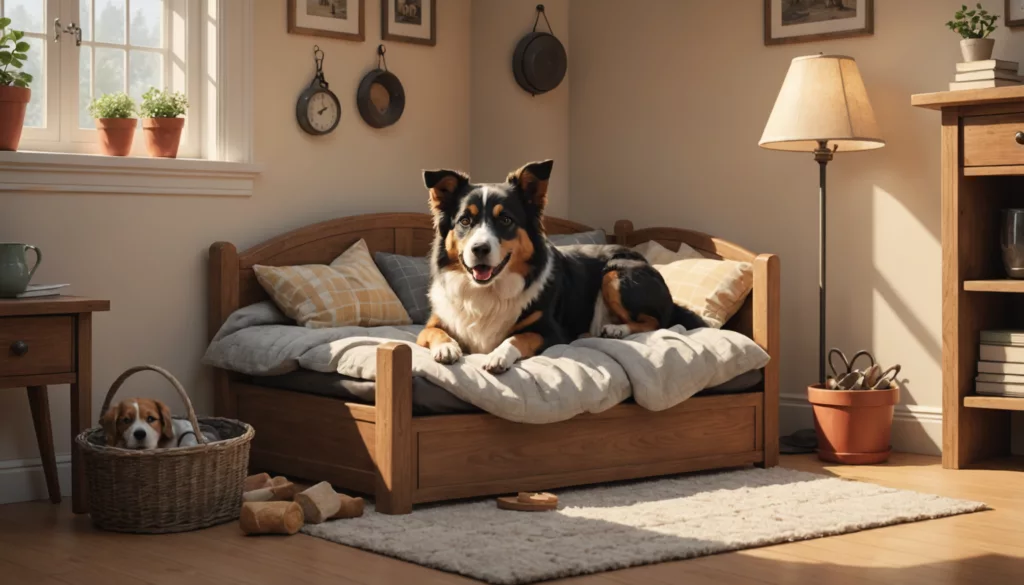 A dog lies on a wooden bed in a cozy room, with another dog resting in a basket nearby. The room has wall decor, a lamp, plants, and sunlight streaming through a window.